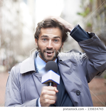 Portrait, news reporter and interview with man, microphone or journalism with broadcast or live streaming. Raining, person or media with breaking story or feedback with weather or anchor with review Portrait, news reporter and interview with man, microphone or journalism with broadcast or live streaming. Raining, person or media with breaking story or feedback with weather or anchor with review 139834743