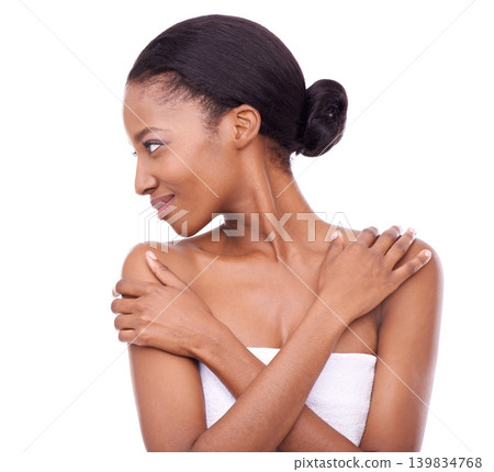 Beauty, skincare and black woman with self care in studio, white background or cosmetics mockup. African, model and healthy glow on skin from dermatology, treatment or person with confidence or pride 139834768