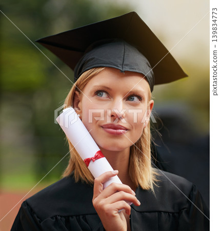 Graduation, certificate and vision with student woman outdoor on campus for university or college event. Future, planning and thinking with young graduate at school for education or scholarship Graduation, certificate and vision with student woman outdoor on campus for university or college event. Future, planning and thinking with young graduate at school for education or scholarship 139834773