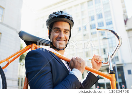 Morning, commute and portrait of businessman with bicycle for green and sustainable transportation. Cyclist, smile and bike for carbon footprint in New York by urban street with entrepreneur cycling Morning, commute and portrait of businessman with bicycle for green and sustainable transportation. Cyclist, smile and bike for carbon footprint in New York by urban street with entrepreneur cycling 139834798