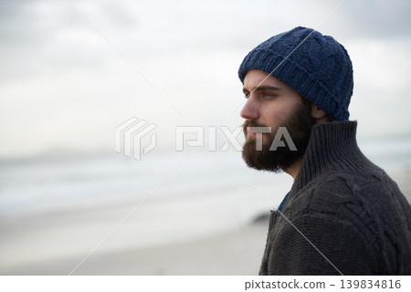 Thinking, calm and man at beach with memory, nostalgia or reflection with ocean view in nature. Remember, travel and male person at sea for fresh air, journey or peaceful Florida vacation in winter Thinking, calm and man at beach with memory, nostalgia or reflection with ocean view in nature. Remember, travel and male person at sea for fresh air, journey or peaceful Florida vacation in winter 139834816