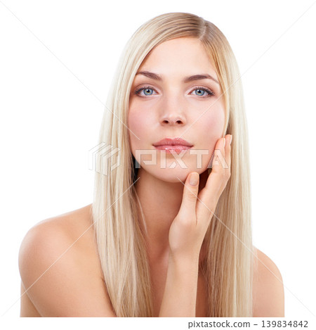 Skincare, hand and portrait of woman, hair and beauty makeup isolated on a white studio background. Face, touch and hairstyle of blonde model in cosmetics, hairdresser and salon treatment for glow Skincare, hand and portrait of woman, hair and beauty makeup isolated on a white studio background. Face, touch and hairstyle of blonde model in cosmetics, hairdresser and salon treatment for glow 139834842