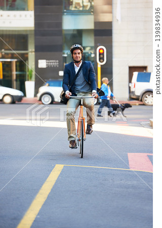 Morning, bicycle and city with road and businessman with commute for green and sustainable transport. Cyclist, travel and bike for carbon footprint in New York by urban street with cycling to job 139834936