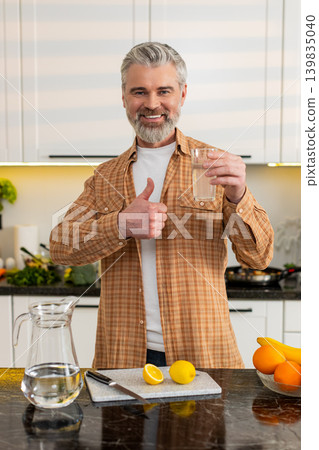 Middle-aged man drinking lemon water giving thumbs up in kitchen for healthy fitness diet hydration Middle-aged man drinking lemon water giving thumbs up in kitchen for healthy fitness diet hydration 139835040
