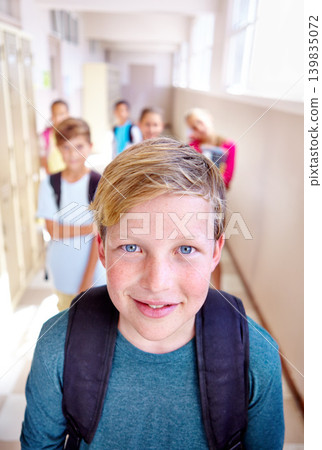Boy, friends and portrait in school hallway or backpack or education or learning together or studying, academic or USA. Children, group and face in building or student lessons, development or future Boy, friends and portrait in school hallway or backpack or education or learning together or studying, academic or USA. Children, group and face in building or student lessons, development or future 139835072