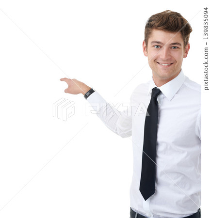 Portrait, business and man with promotion, pointing and person isolated on white studio background. Face, model or entrepreneur with review and announcement with opportunity, feedback and information Portrait, business and man with promotion, pointing and person isolated on white studio background. Face, model or entrepreneur with review and announcement with opportunity, feedback and information 139835094