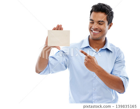 Mockup, happy man or hand pointing to business card in studio for startup, promotion or marketing on white background. Paper, recruitment or male agent we are hiring space, contact us or information Mockup, happy man or hand pointing to business card in studio for startup, promotion or marketing on white background. Paper, recruitment or male agent we are hiring space, contact us or information 139835165