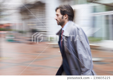 Employee, rush and stress in city for work in corporate company, late for meeting and overcoat. Businessman, outdoor and rush in town in suit to be professional for New York office and urban Employee, rush and stress in city for work in corporate company, late for meeting and overcoat. Businessman, outdoor and rush in town in suit to be professional for New York office and urban 139835225