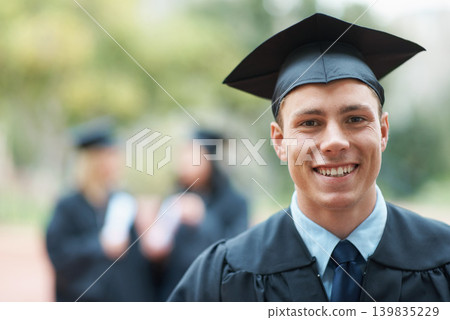 Graduation, campus or portrait of happy man with education, future goals or studying for opportunity. Pride, smile or college graduate with success, certified achievement or university scholarship Graduation, campus or portrait of happy man with education, future goals or studying for opportunity. Pride, smile or college graduate with success, certified achievement or university scholarship 139835229