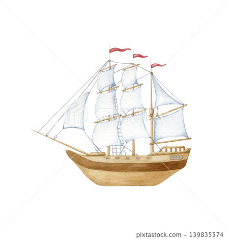 Watercolor wooden sailboat illustration isolated on white background. Hand drawn nautical ship clipart for maritime travel design, adventure concept, cruise branding and sea-themed stationery decor. Watercolor wooden sailboat illustration isolated on white background. Hand drawn nautical ship clipart for maritime travel design, adventure concept, cruise branding and sea-themed stationery decor. 139835574