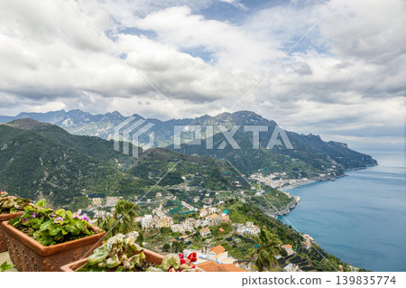 Panoramic View of Amalfi Coast from a Beautiful Garden in Ravello, Italy Panoramic View of Amalfi Coast from a Beautiful Garden in Ravello, Italy 139835774
