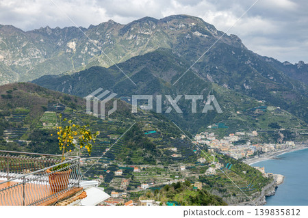 Panoramic View of Amalfi Coast from a Beautiful Garden in Ravello, Italy Panoramic View of Amalfi Coast from a Beautiful Garden in Ravello, Italy 139835812