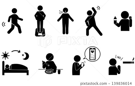 A set of 8 healthy lifestyle habits: exercise, sleep, diet, and smoking cessation, all represented by monochrome pictograms. A set of 8 healthy lifestyle habits: exercise, sleep, diet, and smoking cessation, all represented by monochrome pictograms. 139836014