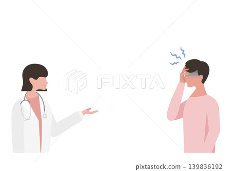 向量圖描繪了一名頭痛的男子和一名女醫生正在解釋治療方案。 向量圖描繪了一名頭痛的男子和一名女醫生正在解釋治療方案。 139836192