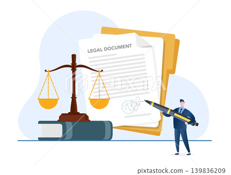Lawyer Signing Legal Document with Scales of Justice Stock Illustration. 139836209