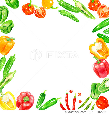 Frame featuring peppers and related vegetables - Hand-drawn watercolor illustration background material 139836595