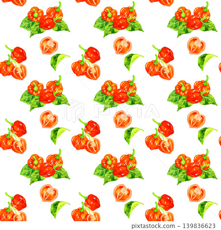 Seamless pattern of habanero peppers and leaves - hand-drawn watercolor illustration background material Seamless pattern of habanero peppers and leaves - hand-drawn watercolor illustration background material 139836623