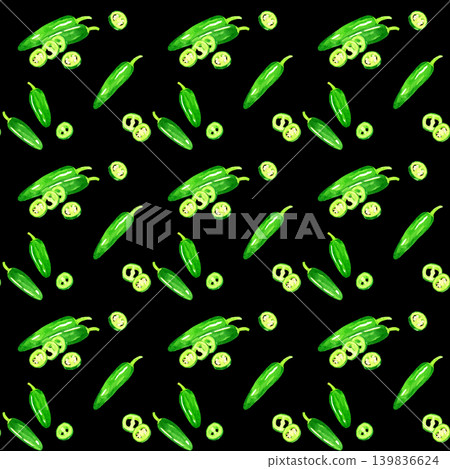Jalapeño seamless pattern, hand-drawn watercolor illustration background material. Jalapeño seamless pattern, hand-drawn watercolor illustration background material. 139836624