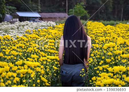Young woman long hair standing among blooming yellow flowers in rural garden peaceful natural atmosphere countryside charm Young woman long hair standing among blooming yellow flowers in rural garden peaceful natural atmosphere countryside charm 139836693
