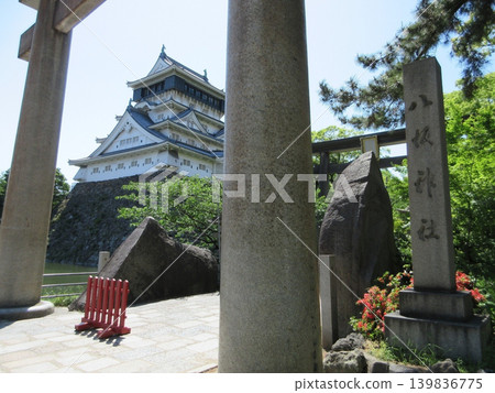 The torii gate and shrine name marker of Yasaka Shrine in Kokura Gion! Kokura Castle keep The torii gate and shrine name marker of Yasaka Shrine in Kokura Gion! Kokura Castle keep 139836775