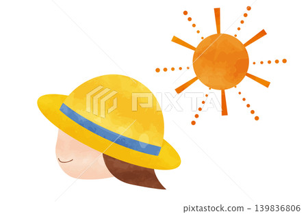 An illustration depicting someone shielding themselves from the sun with a straw hat. 139836806