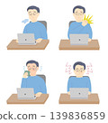 A set of illustrations depicting a man suffering from menopausal symptoms at work. 139836859