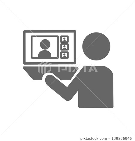 Illustrations and icons of a person in an online meeting, including a laptop. Illustrations and icons of a person in an online meeting, including a laptop. 139836946