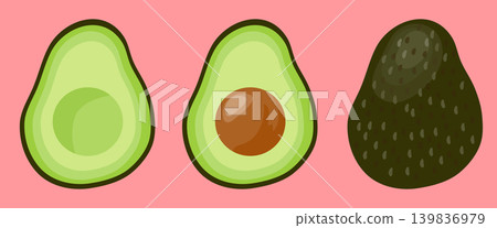 A set of fresh avocados and their cross-sections. A set of fresh avocados and their cross-sections. 139836979