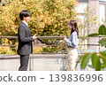 A young man and woman exchanging greetings on their first meeting and first date. 139836996