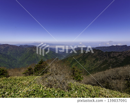 Mountain climbing/trekking: The vast bamboo grass fields of Mt. Kamegamori bathed in the early summer sun. Mountain climbing/trekking: The vast bamboo grass fields of Mt. Kamegamori bathed in the early summer sun. 139837091