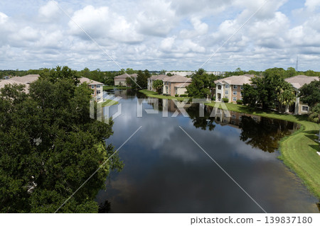 Aerial view of American apartment buildings in Florida residential area. New family condos as example of housing development in US suburbs 139837180