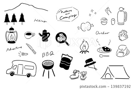 Outdoor & Camping & Camping Gear Illustration Set | Line Drawings Outdoor & Camping & Camping Gear Illustration Set | Line Drawings 139837192