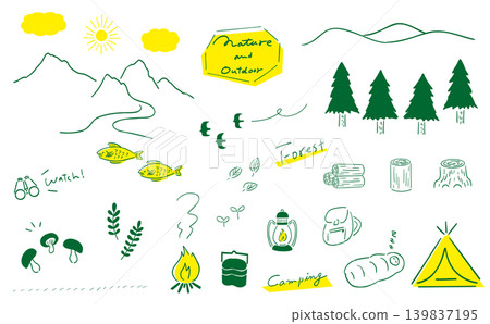 Nature & Outdoor Hand-Drawn Illustration Set | Green & Yellow 139837195