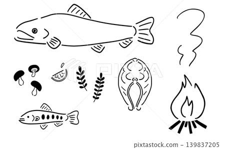 Outdoor Cooking - Campfire and Fish - Hand-Drawn Illustration - Vector | Line Art Outdoor Cooking - Campfire and Fish - Hand-Drawn Illustration - Vector | Line Art 139837205