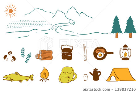 Enjoy the outdoors with this hand-drawn illustration set: Camping, gear, nature | Color 139837210