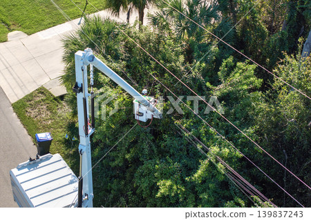 Electrician worker trimming tree limbs to prevent damage to power lines using bucket truck in Florida residential area Electrician worker trimming tree limbs to prevent damage to power lines using bucket truck in Florida residential area 139837243