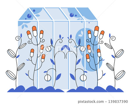 Greenhouse with plants growing medical pills and capsules vector illustration. Pharmaceutical research, biotechnology, drug development, natural medicine, healthcare, science. Glasshouse with meds 139837390