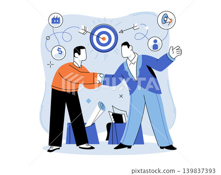 Two businessmen shaking hands under a target vector illustration. Business partnership, goal achievement, marketing strategy, corporate deal, sales success, collaboration. Male partners handshaking Two businessmen shaking hands under a target vector illustration. Business partnership, goal achievement, marketing strategy, corporate deal, sales success, collaboration. Male partners handshaking 139837393