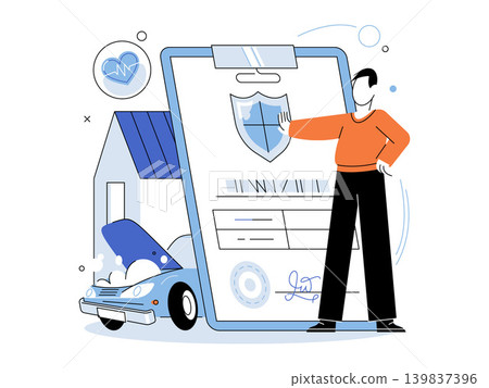 Man standing by a large insurance policy document vector illustration. Risk management, financial security, property protection, health coverage, vehicle safety, life assurance. Male with policy Man standing by a large insurance policy document vector illustration. Risk management, financial security, property protection, health coverage, vehicle safety, life assurance. Male with policy 139837396