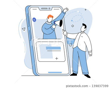 Man with megaphone on phone screen vector illustration. Digital marketing, mobile advertising, social media, online promotion, business communication, referral. Person using loudspeaker on device Man with megaphone on phone screen vector illustration. Digital marketing, mobile advertising, social media, online promotion, business communication, referral. Person using loudspeaker on device 139837399
