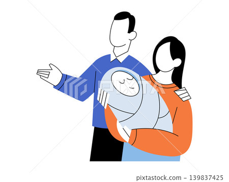 A man and woman holding a swaddled newborn baby vector illustration. Parenthood, family planning, childcare services, insurance, social support, pediatric care. Parents cradling an infant A man and woman holding a swaddled newborn baby vector illustration. Parenthood, family planning, childcare services, insurance, social support, pediatric care. Parents cradling an infant 139837425