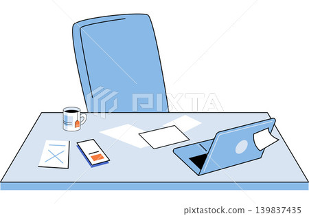 Office desk with laptop and chair vector illustration. Remote work, digital nomad, business productivity, home office, freelance career, workspace. Modern workstation with computer and furniture 139837435