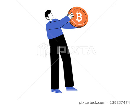 Man holding a large bitcoin coin vector illustration. Cryptocurrency investment, digital finance, blockchain technology, online banking, wealth management, virtual assets. Person carrying a giant Man holding a large bitcoin coin vector illustration. Cryptocurrency investment, digital finance, blockchain technology, online banking, wealth management, virtual assets. Person carrying a giant 139837474