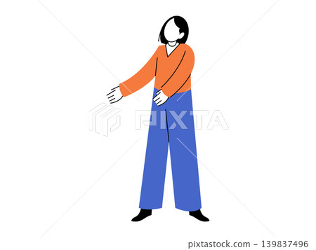 Woman in orange sweater and blue pants gesturing vector illustration. Presentation, communication, social interaction, lifestyle, casual movement, welcoming gesture. Female character reaching out Woman in orange sweater and blue pants gesturing vector illustration. Presentation, communication, social interaction, lifestyle, casual movement, welcoming gesture. Female character reaching out 139837496