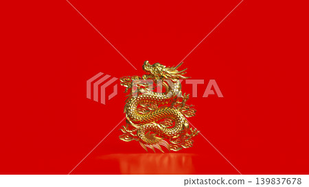 Golden Chinese Dragon On Red Background 3d render. Golden Chinese Dragon On Red Background 3d render. 139837678