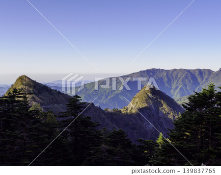 四國高山景色:清晨的陽光灑在竹林和樹木上,形成鮮明的對比。 四國高山景色:清晨的陽光灑在竹林和樹木上,形成鮮明的對比。 139837765