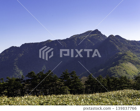 Mount Ishizuchi, a sacred mountain range: Mount Kamegamori (Female Peak and Male Peak): A famous peak covered in fresh greenery and bamboo grass. 139837766