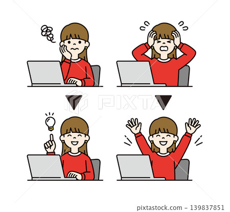 A set of vector illustrations of a young woman/college student's upper body resolving a problem and understanding an issue. A set of vector illustrations of a young woman/college student's upper body resolving a problem and understanding an issue. 139837851