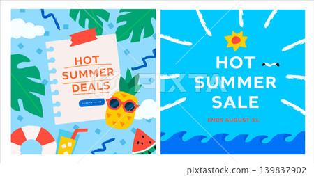 Cute Friendly Collage Naive Art Style Summer Promotion Banner Template Set of Two Kitschy Playful 139837902