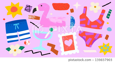 Cute Naive Art Collage Summer Element Set Flamingo Tube Bikini Swim Trunks Cocktail Abstract Shape Cute Naive Art Collage Summer Element Set Flamingo Tube Bikini Swim Trunks Cocktail Abstract Shape 139837903